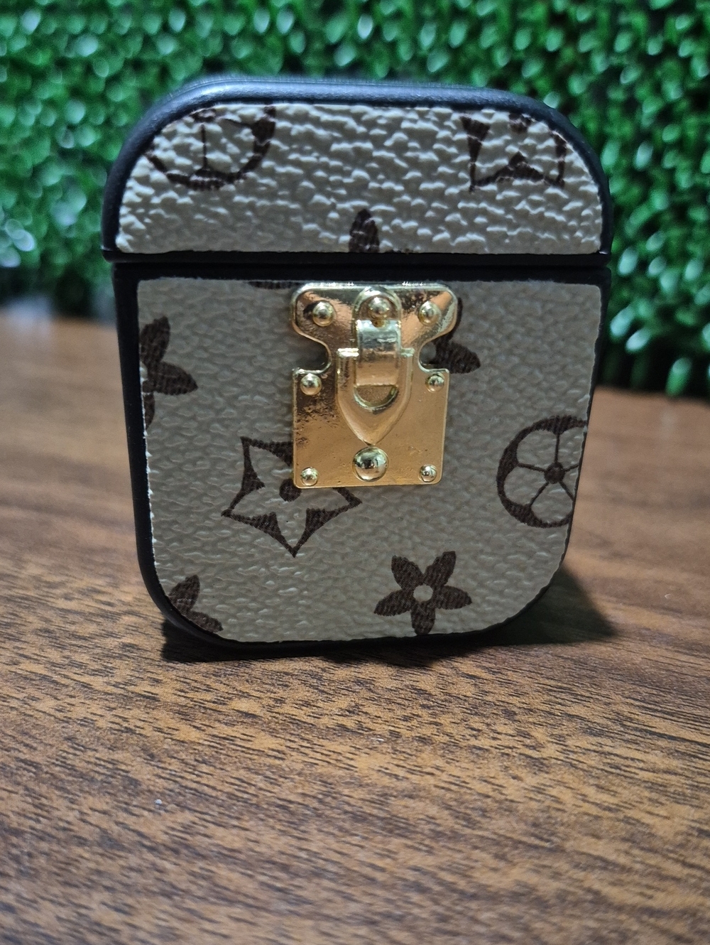 Beige Monogram-Patterned AirPods I or II Generation. Case with Gold Lock Accent